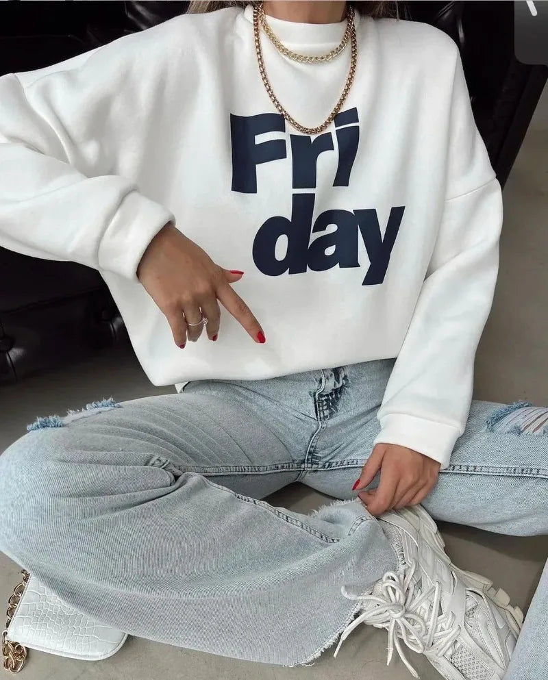 Women Soft O Neck Ladies Vintage Pullovers Casual Tops Hirsionsan 2024 New Spring Autumn Casual “Friday” Letter Print Sweatshirt  Amaijoin