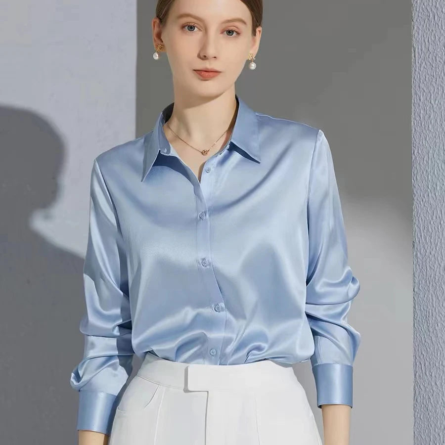 All-match Satin Finish Shirts And Blouses Women Clothing Casual Top OL Long Sleeve Button Elegant Shirts French Solid Blouses  Amaijoin