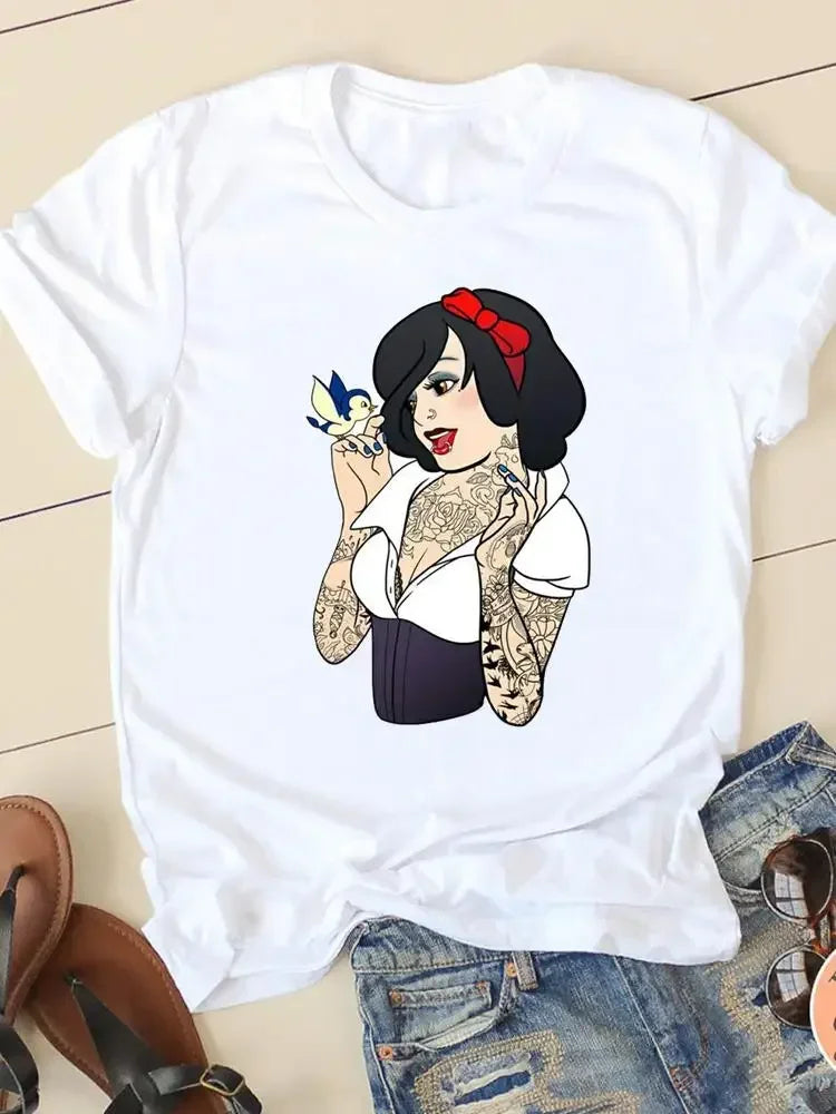 Women's T-shirt Short Sleeve Cartoon Graphic Casual Tee Clothes College 90s Style Interconnection Princess Fashion Female  Amaijoin