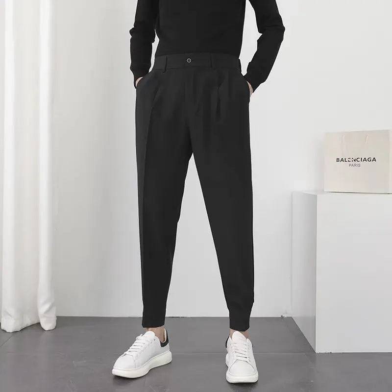 Fashion Men Casual Pants Elastic Waist Small Feet Slim Korean Style Pleated Tapered Male Blazer Pants Trousers Streetwear  Amaijoin