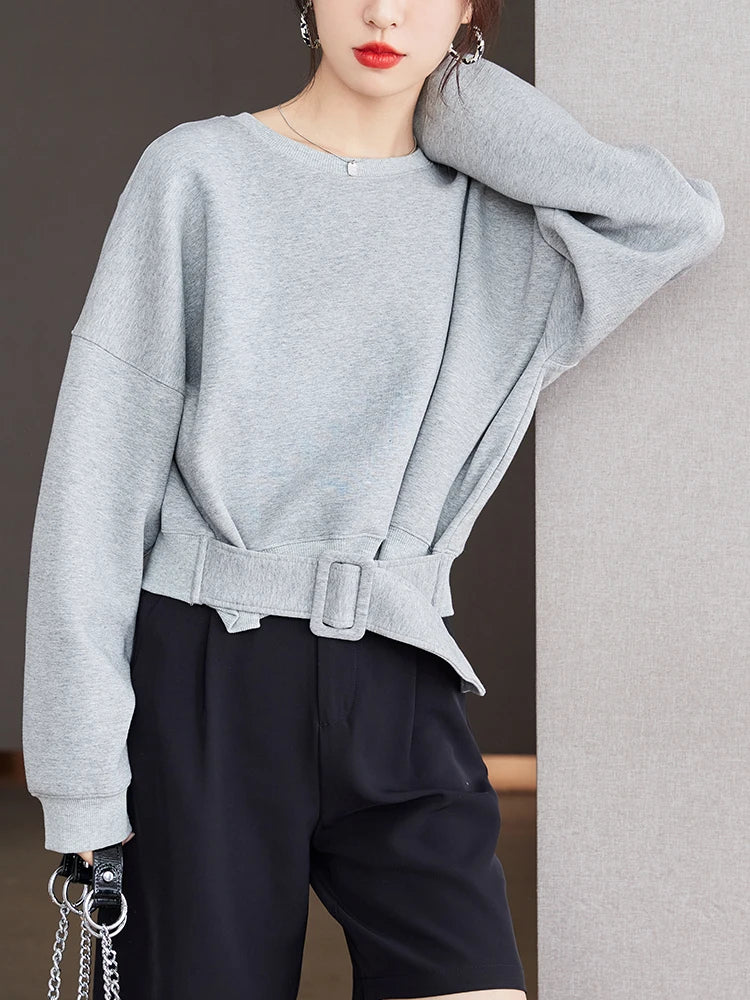 Stylish Grey Sweatshirts Autumn Winter Women Plain Long Sleeve Belt Waist Loose Casual Oversize Pullovers Korean Short Jumper  Amaijoin