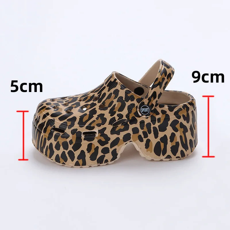 Leopard Thick Bottom Clogs for Women Closed Toe Chunky Platform Sandals Woman Summer 2023 Super High Wedge Heel Slippers Female  Amaijoin