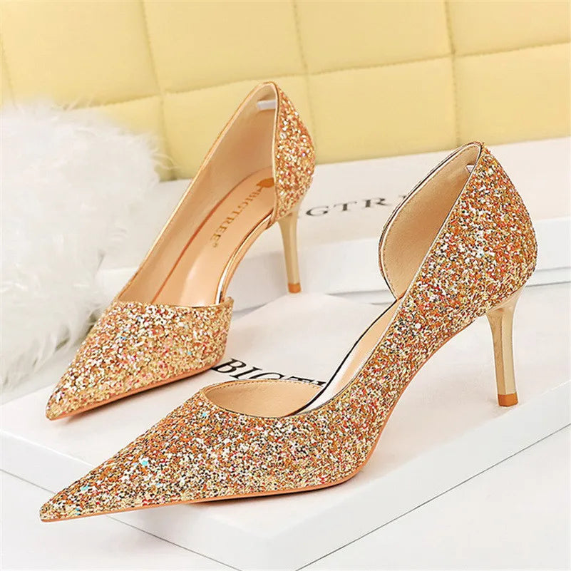 Women 7cm 10.5cm High Heels Elegant Blue Pumps Sexy Sequins Bling Mid Heels Lady Scarpins Luxury Stiletto Sparkly Party Shoes  Amaijoin