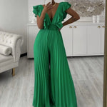 Load image into Gallery viewer, Elegant Pleated Jumpsuits &amp; Rompers Women Deep V Neck Ruffles High Waisted Floor Length Luxury Birthday Party Dinner Outfits New  Amaijoin
