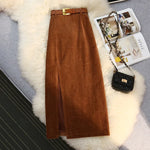 Load image into Gallery viewer, Autumn Winter Corduroy Women&#39;s Skirts with Belted 2023 New High Waist Straight Classic Front Split Skirts Ladies Female  Amaijoin
