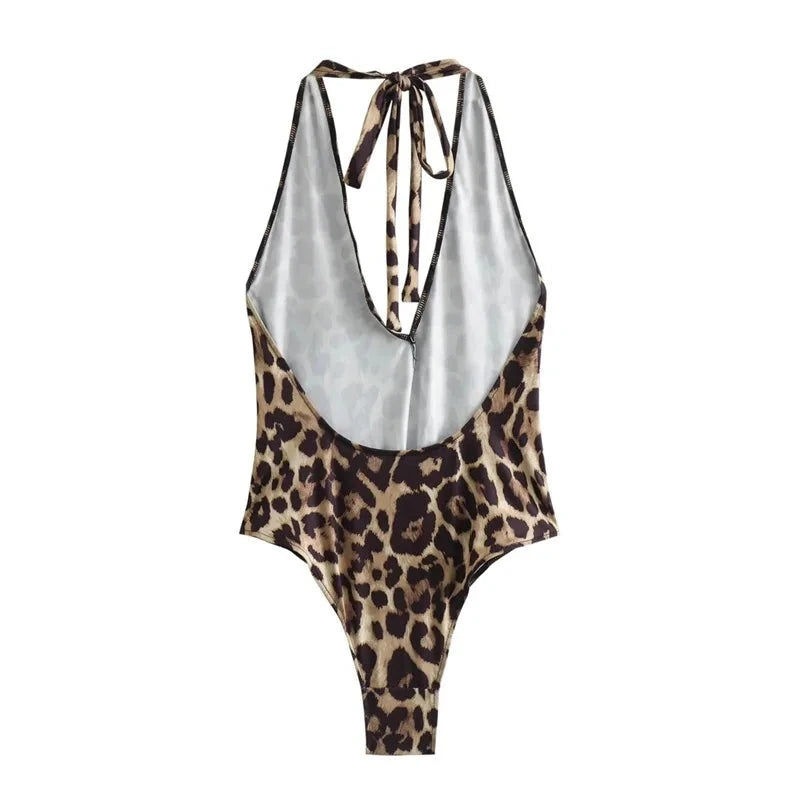 EDSA Women Leopard Print Halter Swimsuit 2024 Summer Sexy Backless Sleeveless Bodysuits Swimwear Female Tops  Amaijoin