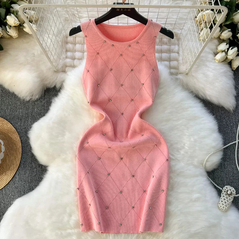 Beading  Summer Women's Knitting Sheath Tank Dress Female Bodycon Knitted Camisole Sleeveless Mini Dresses For Woman Outfits  Amaijoin