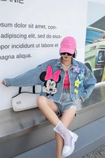 Load image into Gallery viewer, 2024 New Women Coat Cartoon Sticker Embroidered Sequin Short Denim Jacket Loose Bowknot Top  Amaijoin
