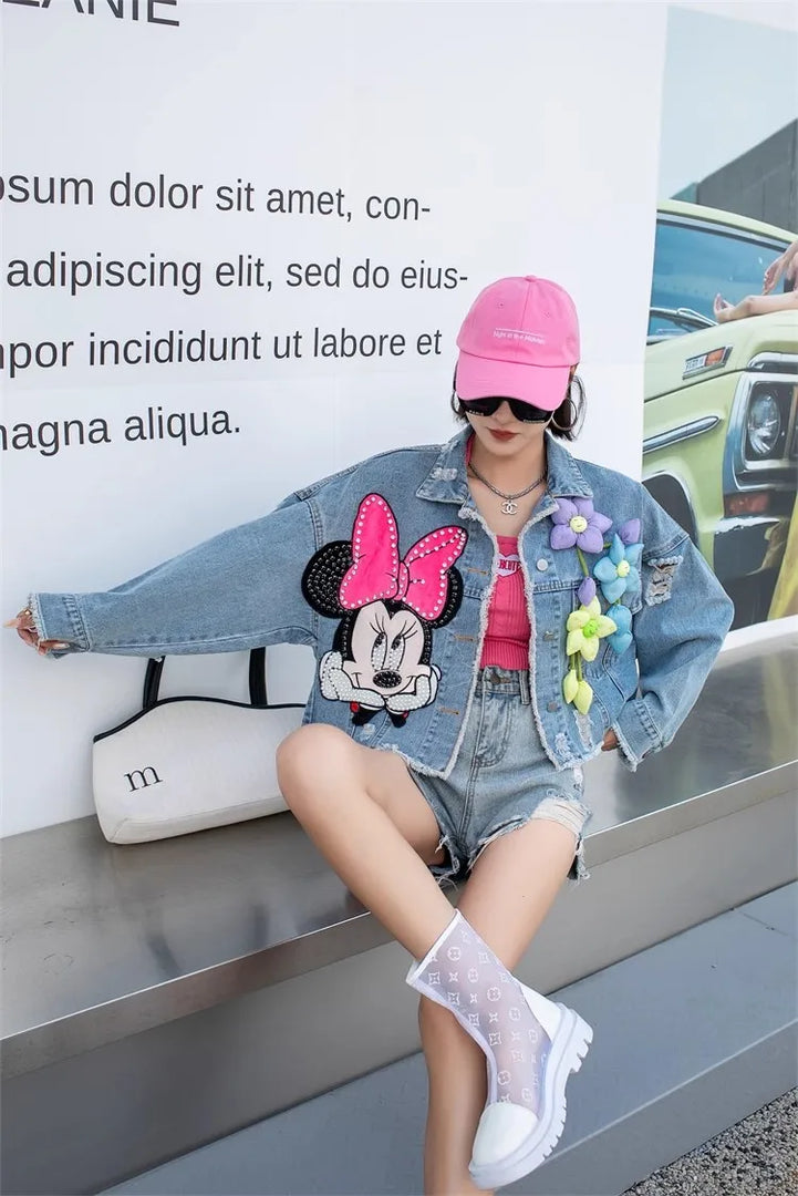 2024 New Women Coat Cartoon Sticker Embroidered Sequin Short Denim Jacket Loose Bowknot Top  Amaijoin