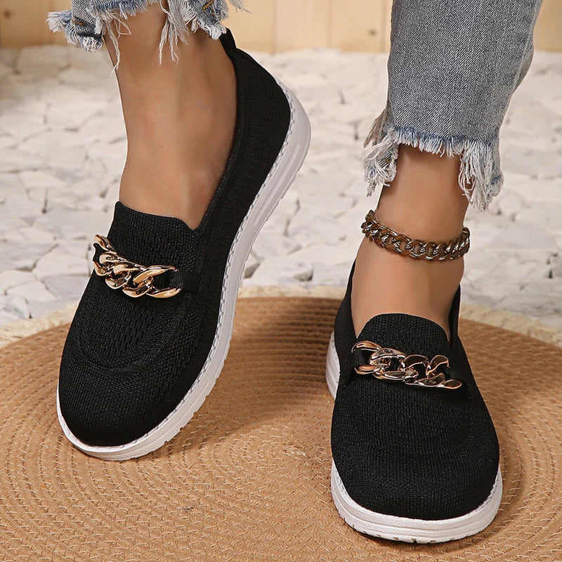 Metal Chain Decor Flats Shoes Women Plus Size 43 Mesh Breathable Shallow Loafers Woman 2023 Autumn Non-Slip Casual Shoes Ladies  Amaijoin