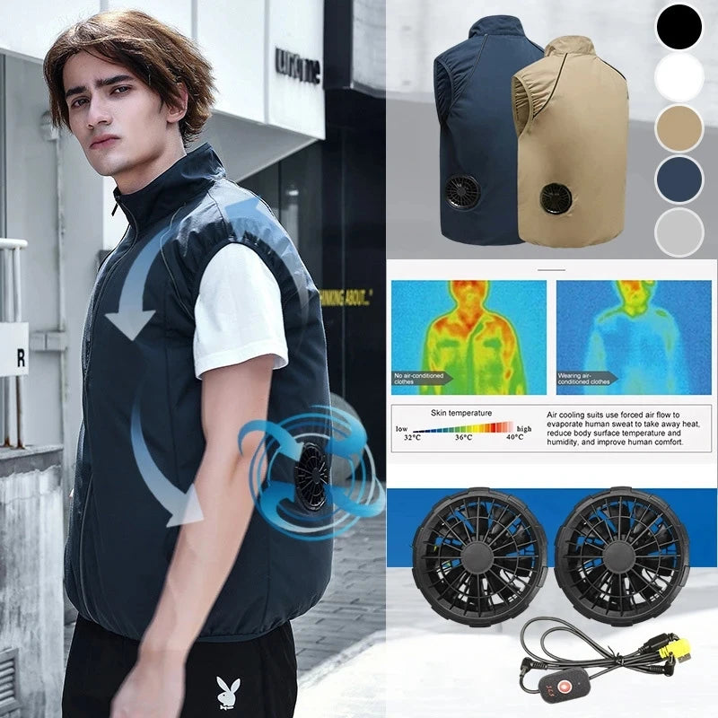 Men Summer Air Conditioning Clothing Fan Cooling Vest 2022 New USB Charging Cooling Sport Man Outdoor Solid Color Coat Plus Size  Amaijoin