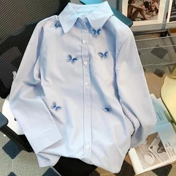 DUOJIHUI Blue Fashion Butterfly Embroidery Sweet Women Shirt Spring Loose Simple Single Breasted Casual Solid Color Female Shirt  Amaijoin