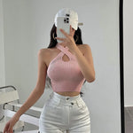 Load image into Gallery viewer, Sexy Cross Vest Crop Tops Women Sports T-shirt Knitted Off Shoulder V-Neck Solid Backless Tank Vest Halter y2k Top Camisole 2022  Amaijoin
