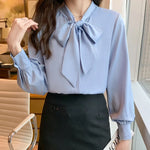 Load image into Gallery viewer, 2023 Spring Loose Korean Tops Fashion Autumn Chiffon Blouse Bow Blue Long Sleeve Shirt White Office Lady Clothes Blusas 10691  Amaijoin
