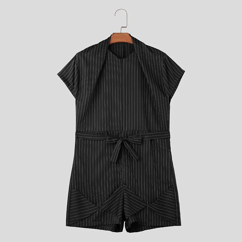 INCERUN Men Striped Rompers O-neck Short Sleeve Streetwear Summer Casual Male Shorts Jumpsuits With Belt 2024 Fashion Overalls  Amaijoin