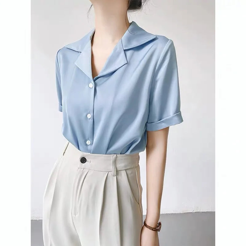 Elegant Women's Blouse Summer New Solid Short Sleeve Korean Fashion Office Lady Shirts Casual Ladies Clothes Top Female Shirts  Amaijoin