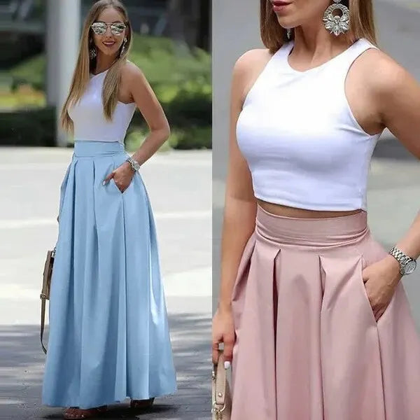 2022 European American Trade Wish Cross-border Solid Color High-waisted Skirt Long Dress Pleats  Amaijoin