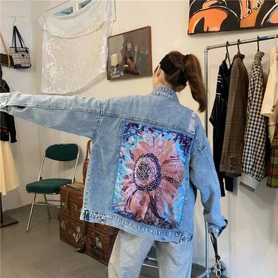 Streetwear Style Print Women's Denim Jacket Coat Diamonds Hole BF Jeans Outwear Female Spring Autumn Casual Loose Cowboy Outwear  Amaijoin