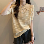 Load image into Gallery viewer, Summer Women Sweater Pullover 2023 Short Sleeve Fashion Polo Collar Solid Knitting T-shirt Loose Casual Sexy Hollow Out Sweaters  Amaijoin
