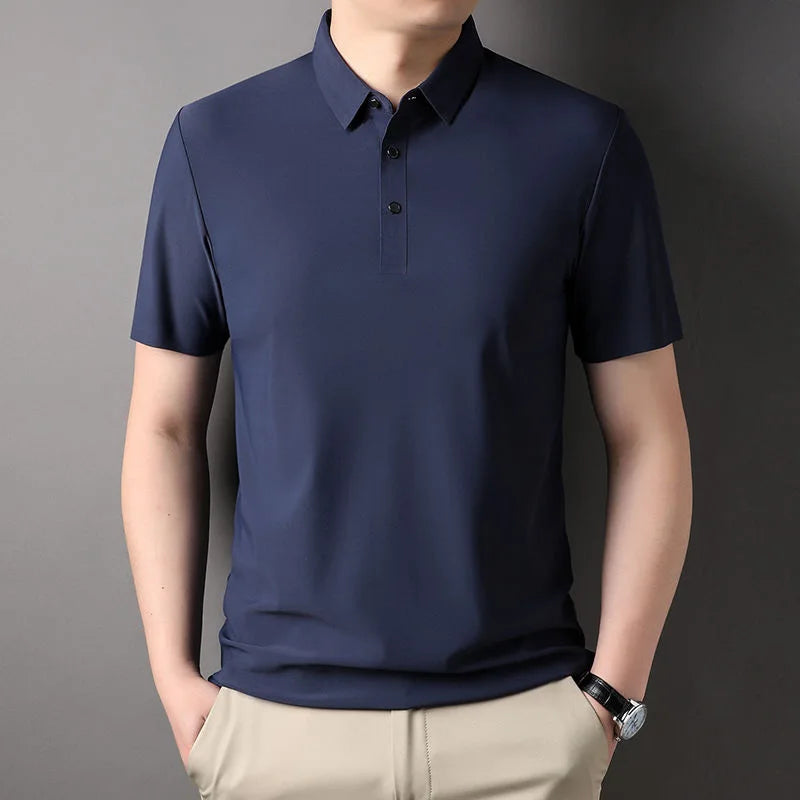 High quality wrinkle resistant ice silk short sleeve t-shirt men's summer Lapel loose casual solid color top high-end polo men  Amaijoin