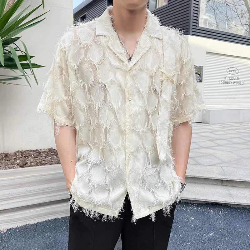 2023 Summer Hollow Out Tassel Shirt Men Short Sleeve Loose Shirts Fashion Social Party Streetwear Oversized Shirts Men Clothing  Amaijoin