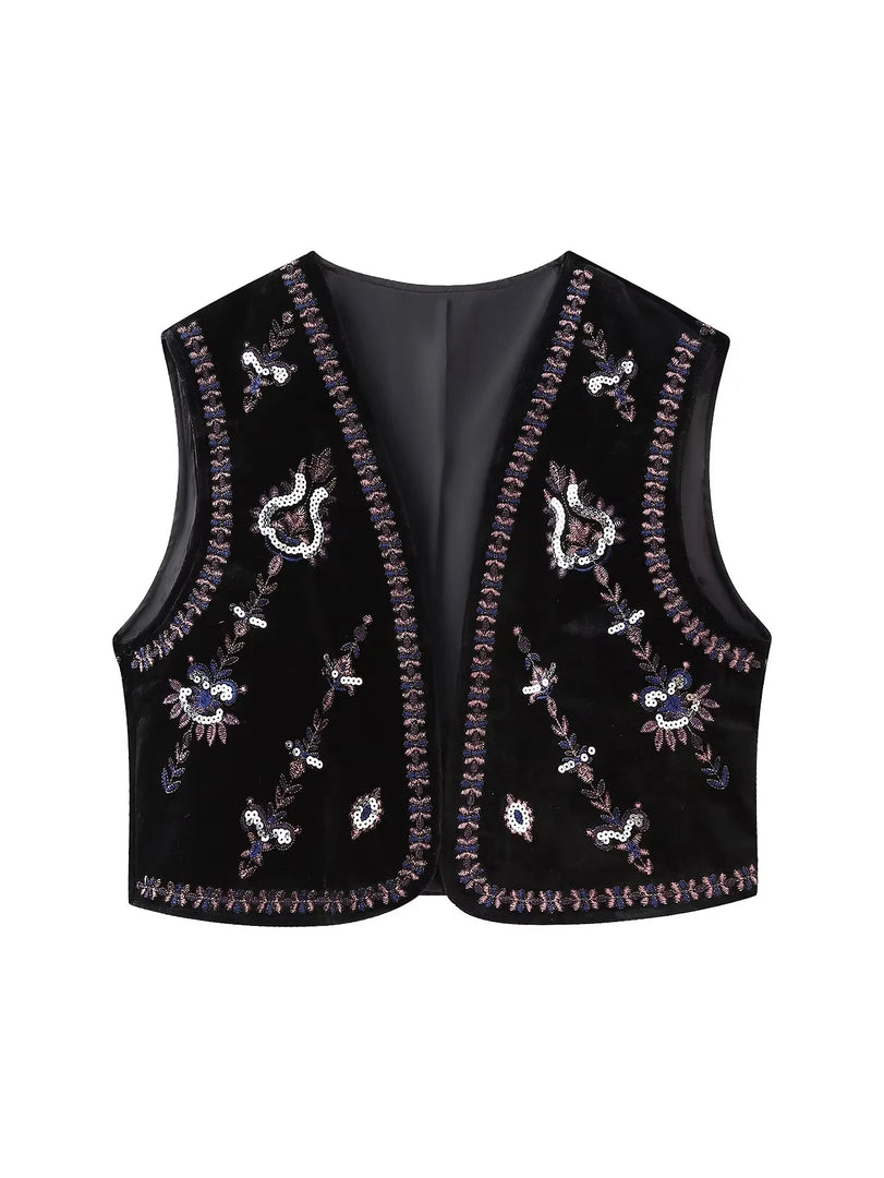 KAOPU ZA Women's Vintage beaded embroidered velvet vest top Jacket Women's casual spring vest coat  Amaijoin