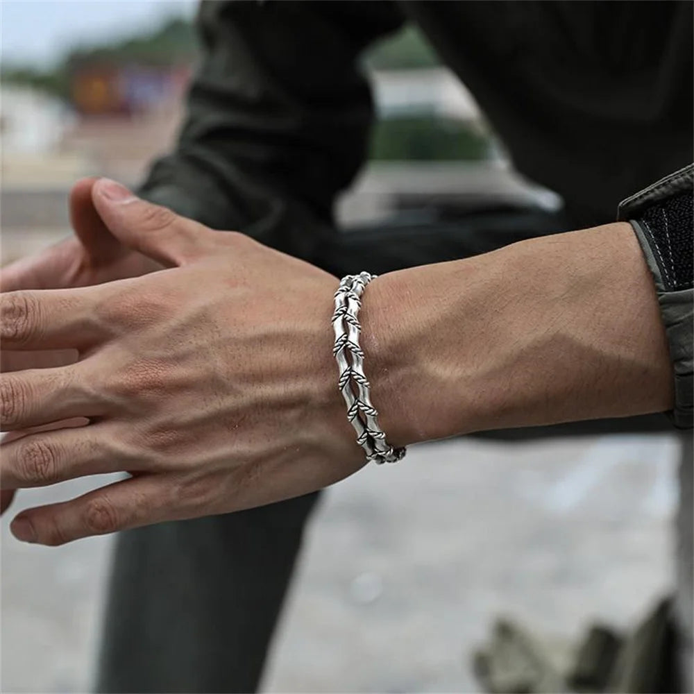 Fashionable Cuban Braided Double Layer Bamboo Open Bracelet Hip Hop Silver Color Men's Bracelet Street Party Jewelry  Amaijoin