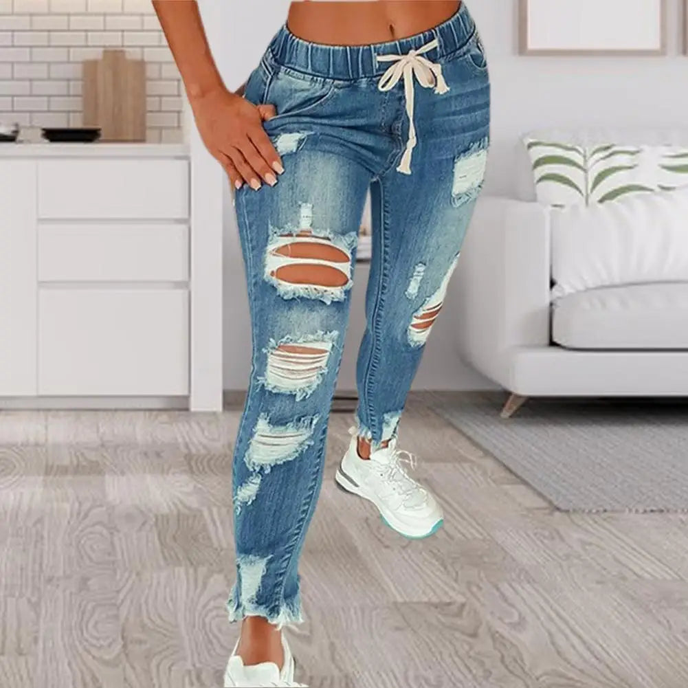 Popular Pencil Jeans Streetwear Women Jeans Slim Slim-fitting All Match Denim Pants  Elastic Waist  Amaijoin