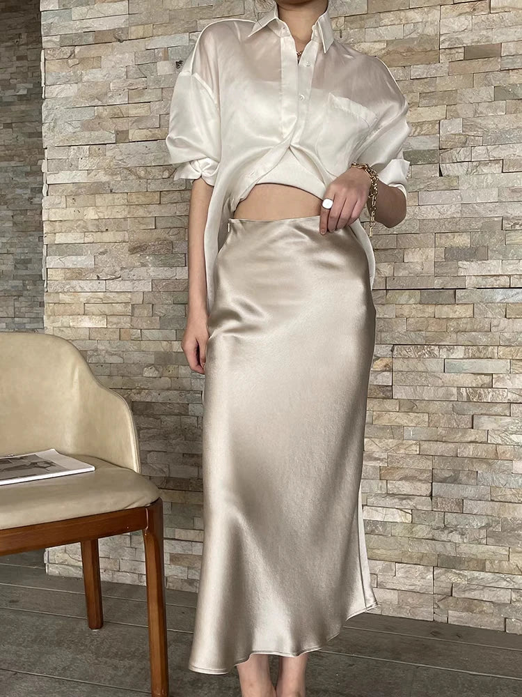 Silk Satin Skirts for Women Korean Style Champagne Office High Waist A-line Skirt Fashion Elegant Solid Long Pencil Skirt 2024  Amaijoin