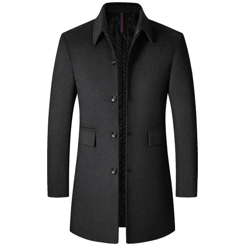 Male Woolen Coat Solid Color Slim Mid-Length Windbreaker Warm Wear-Resistant Men's Wool Coat Business Formal Wear Casual Jacket  Amaijoin