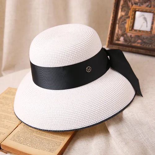 Hepburn bow ribbon sun hat women's straw hat Bucket hat color sunscreen sun hat beach hat wholesale  Amaijoin