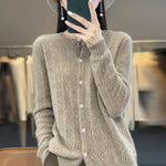 Load image into Gallery viewer, Round Neck 100% Merino Wool Cardigan Spring Autumn New Hollow Out Fashion Long Sleeved Solid Color Knitted Cardigan Sweater Top  Amaijoin
