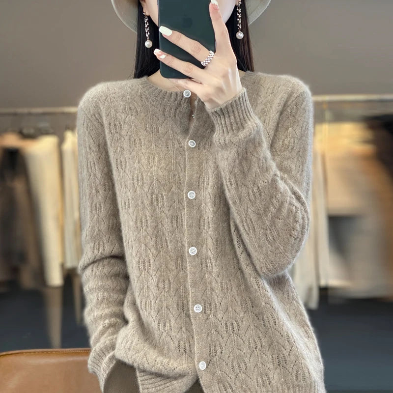 Round Neck 100% Merino Wool Cardigan Spring Autumn New Hollow Out Fashion Long Sleeved Solid Color Knitted Cardigan Sweater Top  Amaijoin