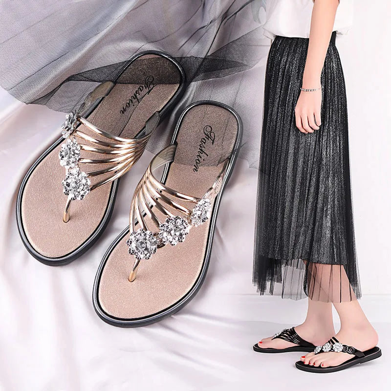 Luxury Rhinestones Flowers Flip Flops Women Summer 2024 Ladies Slippers Flats Sandals Woman Comfortable Anti-Skid Beach Shoes  Amaijoin