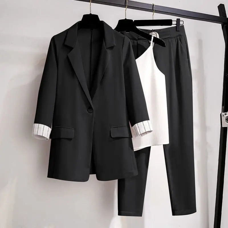 2023 spring new plus size Korean elegant women's suit female blazer leisure pants Tweed suit jacket three piece jacket pants set  Amaijoin