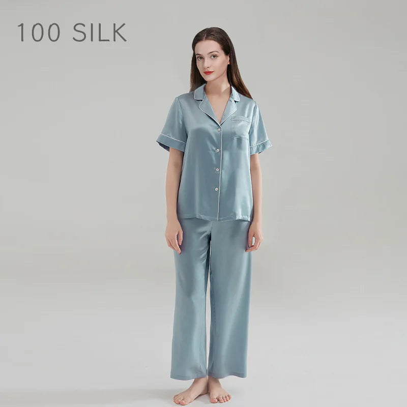 Birdtree 19MM 100%Real Silk Pajama Set Women's Solid Lapel Short Sleeve Long Pants Basic Comfortable Loungewear Spring S41146QD  Amaijoin