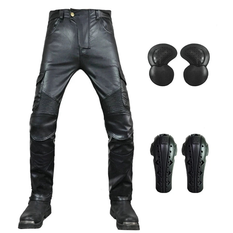 NEW Motorcycle Riding Jeans Motocross Racing Pants PU Leather Biker Trousers Waterproof Windproof Men With 4 X CE Knee Hip Pad  Amaijoin