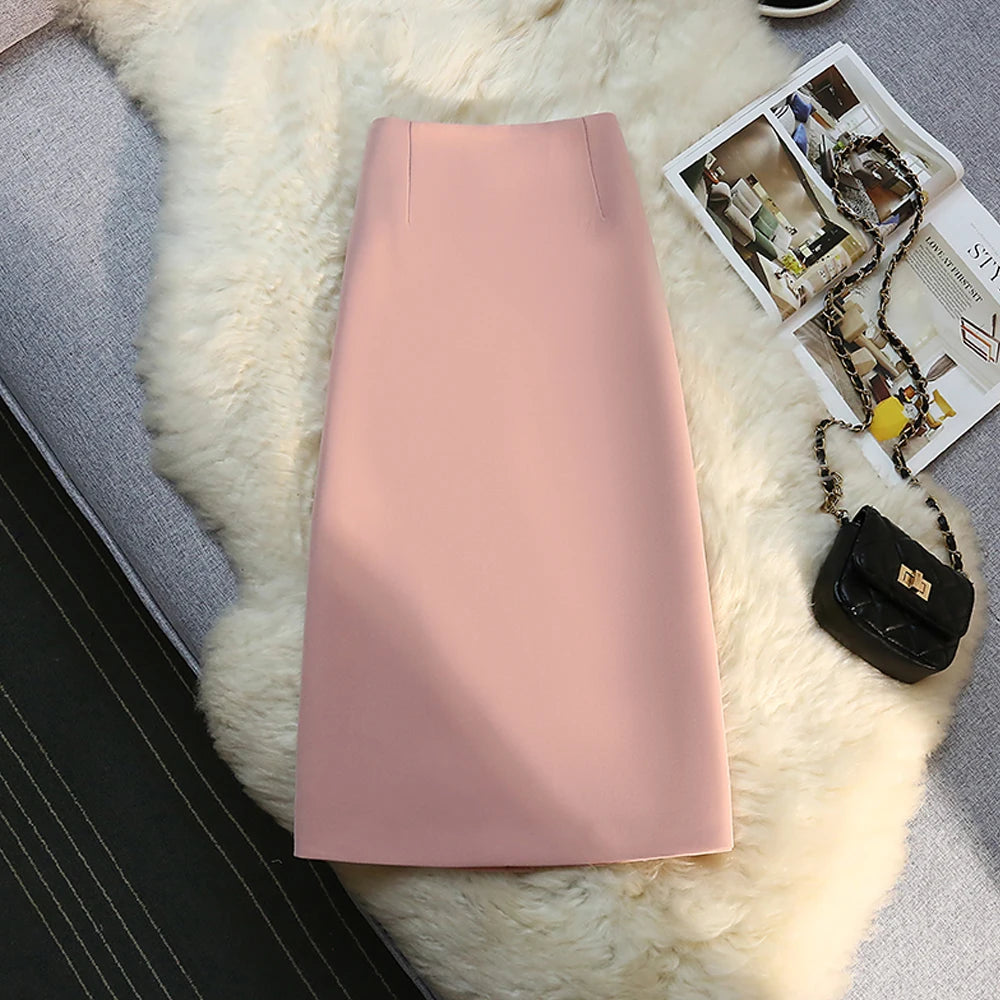 Straight Suit Skirts For Women 2024 Fashion OL Style Back Slit High Waist A-Line Skirt Elegant Simple Casual Midi Skirt Femme  Amaijoin