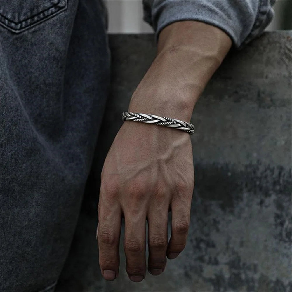 Retro Braided Twist Cuff Bracelet Silver Color Hip Hop Men's Bracelet Fashion Jewelry Dropshipping Hot Selling Accessories  Amaijoin