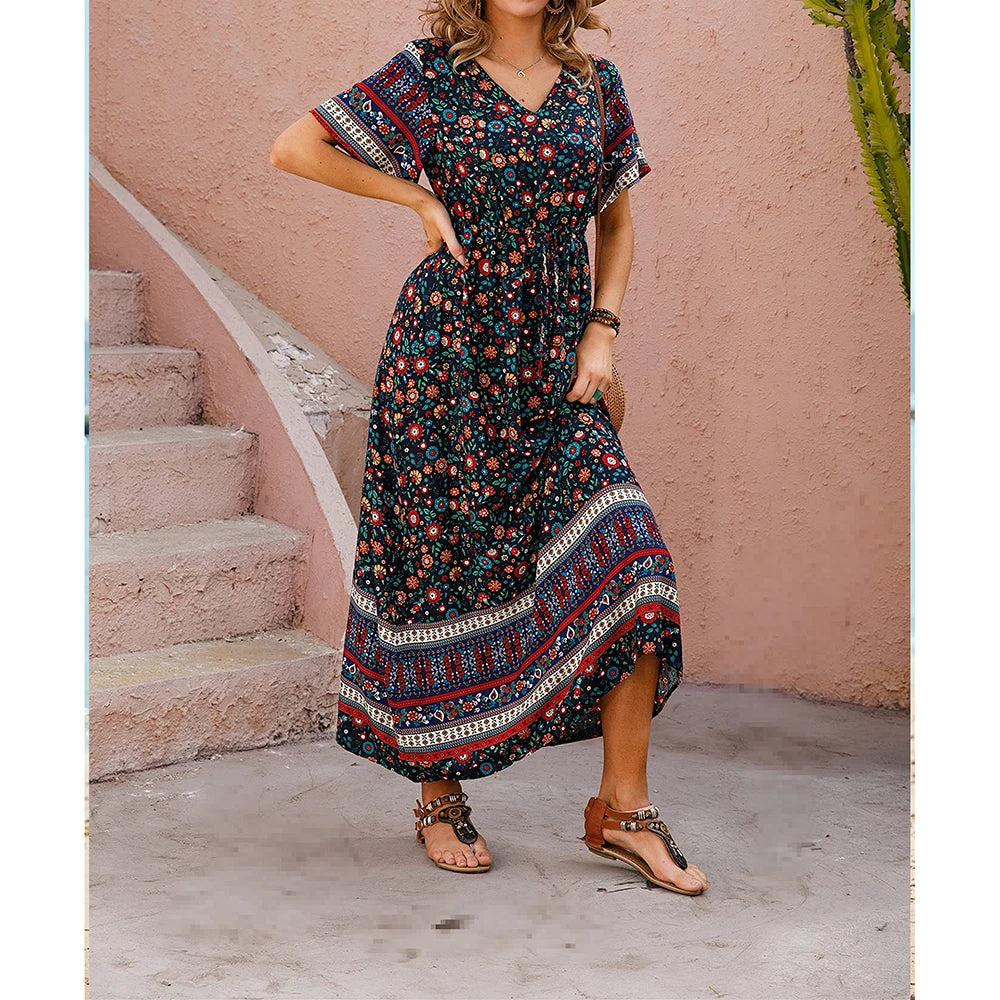 Bohemian V-Neck Floral Print Dresses Women Summer Casual Short Sleeve Midi Dress Beach Boho Elegant Fashion Long Skirts Female  Amaijoin