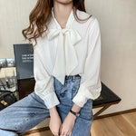 Load image into Gallery viewer, 2023 Spring Loose Korean Tops Fashion Autumn Chiffon Blouse Bow Blue Long Sleeve Shirt White Office Lady Clothes Blusas 10691  Amaijoin
