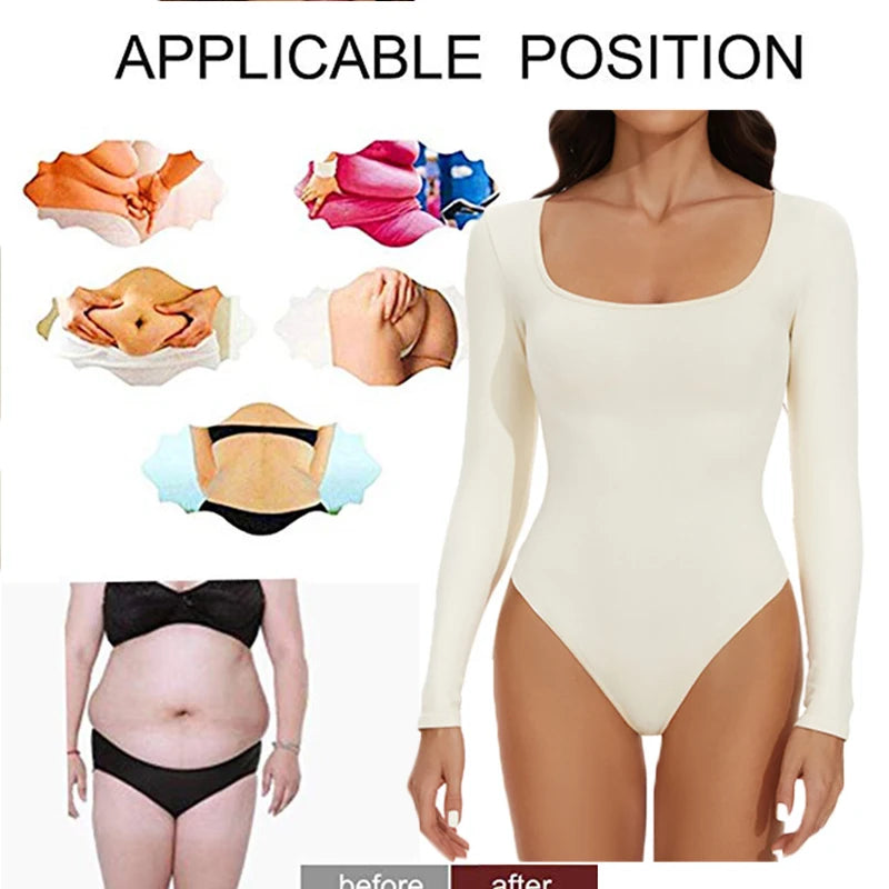 GUUDIA Spandex Elastic Body Suit Shapewear Women Body Shaper Tummy Control Long Sleeve Open Crotch Big U Neck Seamless Shapers  Amaijoin