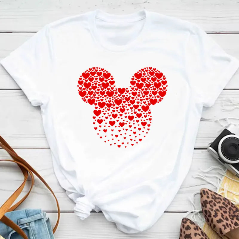 New T-shirts for Women Fashion Heart Minnie Print T Shirt Streetwear Clothes Kawaii Mickey Mouse Disney T Shirt Female Tops  Amaijoin