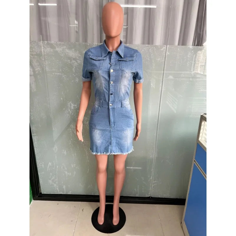 Nightclub Denim Dress Pockets Summer Y2K Sexy Slim Denim Dress Women Short Sleeve Single Breasted Hip Bodycon Mini Dress  Amaijoin