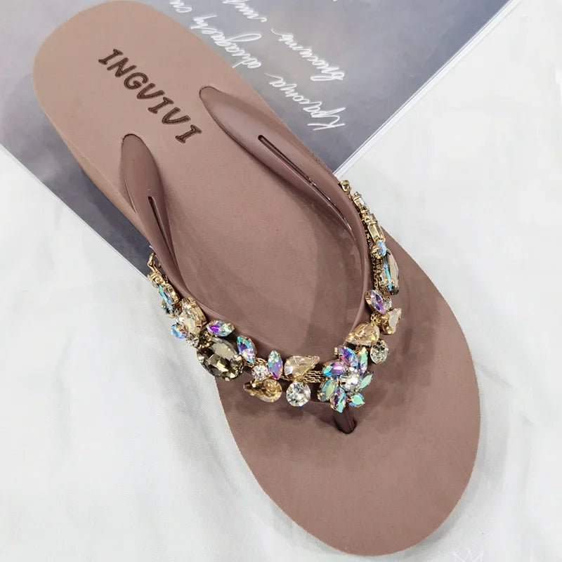 Slippers Women Glitter Flip Flops  Summer 2023 Fashion Outdoor Rhinestone Chain Wedge Beach Slippers Jelly Hawaiian Flat Sandals  Amaijoin