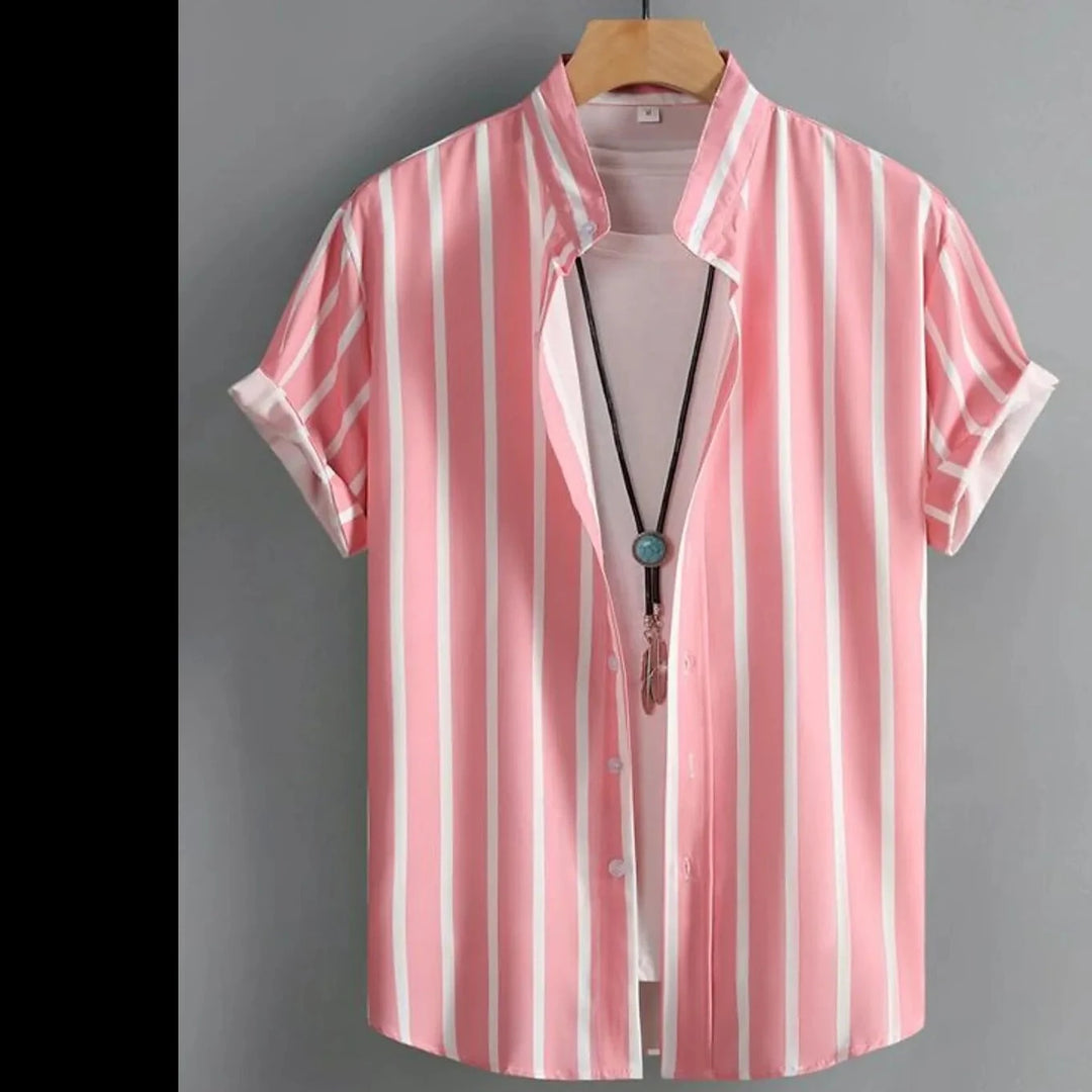 Men's Shirt Button Up Shirt Casual Shirt Summer Shirt Beach Shirt  Short Sleeve Striped Band Collar Hawaiian Clothing Fashion  Amaijoin