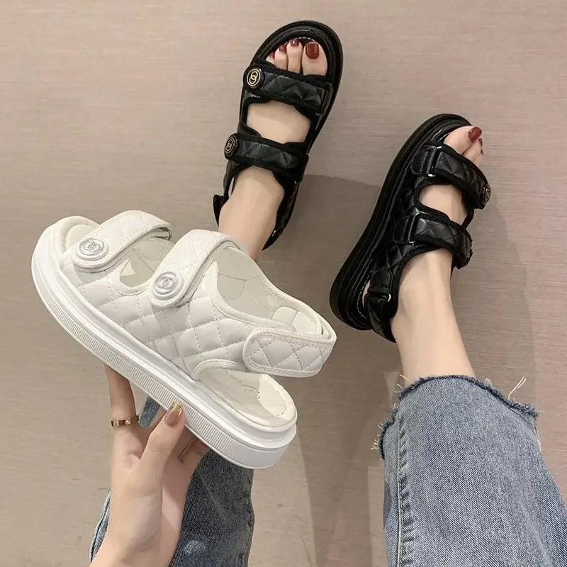 Women Summer Sports Sandals Thick-soled Increased Plaid Roman Shoes With  Casual RoundToe Comfortable Felmale Flat Sandals  Amaijoin