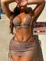 Load image into Gallery viewer, 2024 Three Piece Bikinis Set Women Sexy Mesh Fishnet Skirt Swimsuit Female Solid Lace Up Swimwear Bathing Thong Beach Outfits  Amaijoin
