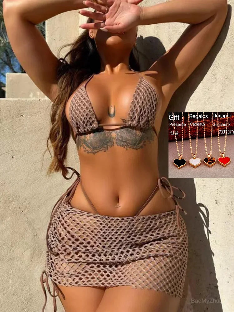 2024 Three Piece Bikinis Set Women Sexy Mesh Fishnet Skirt Swimsuit Female Solid Lace Up Swimwear Bathing Thong Beach Outfits  Amaijoin