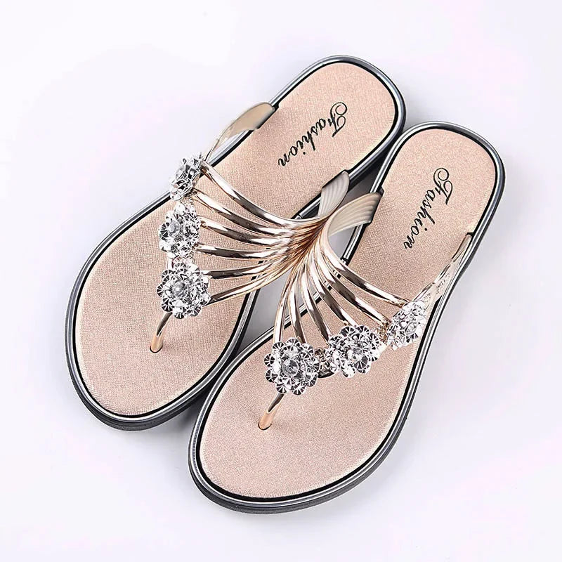 Luxury Rhinestones Flowers Flip Flops Women Summer 2024 Ladies Slippers Flats Sandals Woman Comfortable Anti-Skid Beach Shoes  Amaijoin